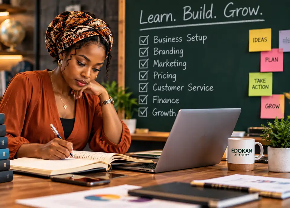 Entrepreneur studying business setup, branding, marketing and finance with EDOKAN Academy