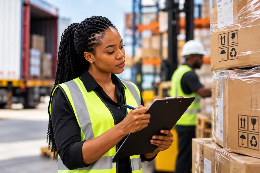 Logistics manager checking goods at a warehouse
