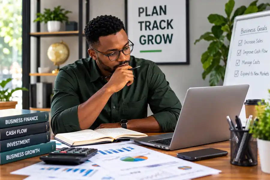 Business owner planning finances with records and a laptop