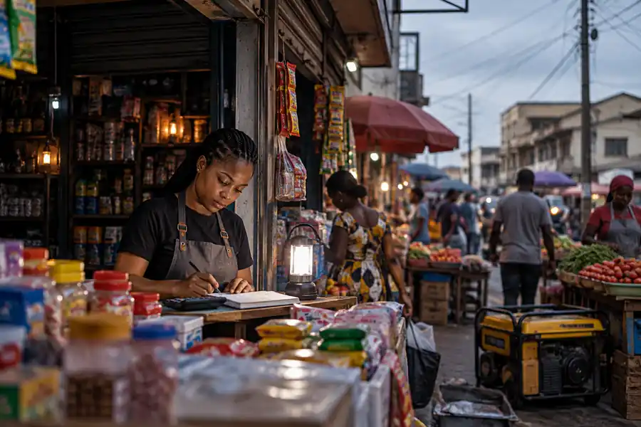Market trader working by lamplight with a generator
