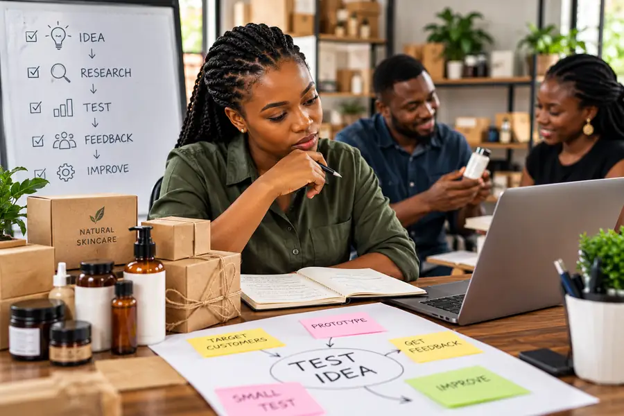 Small business owner planning how to test a new product idea, with a whiteboard showing idea, research, test, feedback and improve