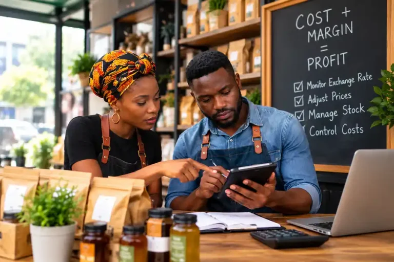 Shop owners reviewing costs, margins and exchange rates