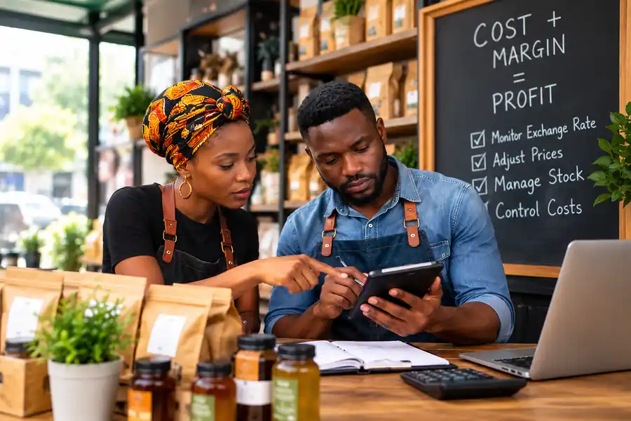 Shop owners reviewing costs, margins and exchange rates