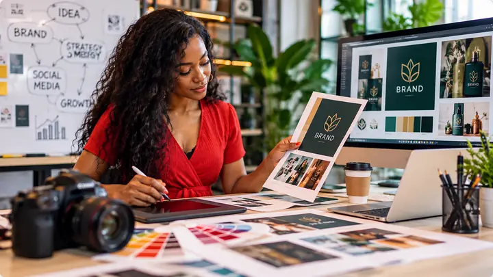 Designer reviewing brand identity work at her desk