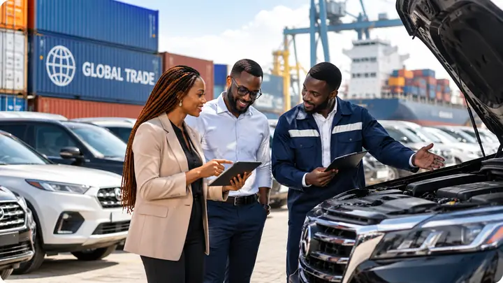 Team inspecting imported vehicles at a shipping port