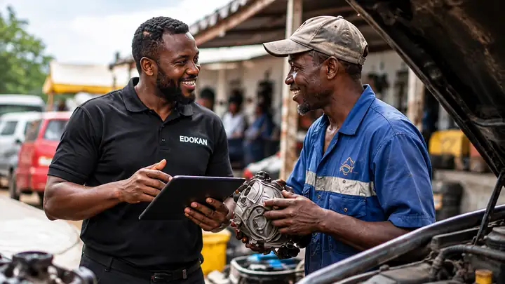 EDOKAN member reviewing a car part with a mechanic at a roadside workshop
