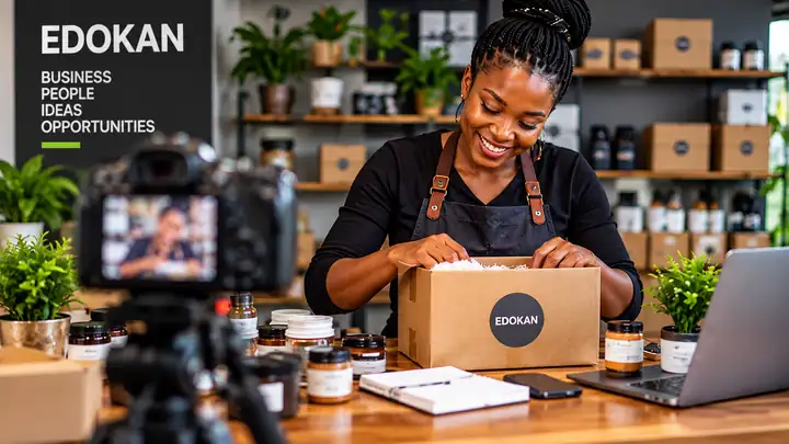 Entrepreneur packing an EDOKAN order in her shop while being filmed