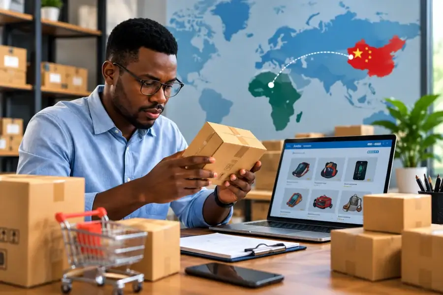 Importer inspecting a parcel after deciding to buy from China, with a map showing the route from China to Africa
