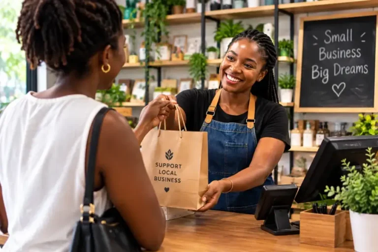 Shop owner handing a shopping bag to one of her repeat customers at the counter