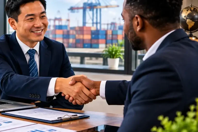 Chinese exporter and African importer shaking hands on a Sinosure-backed trade deal, with a container port behind them