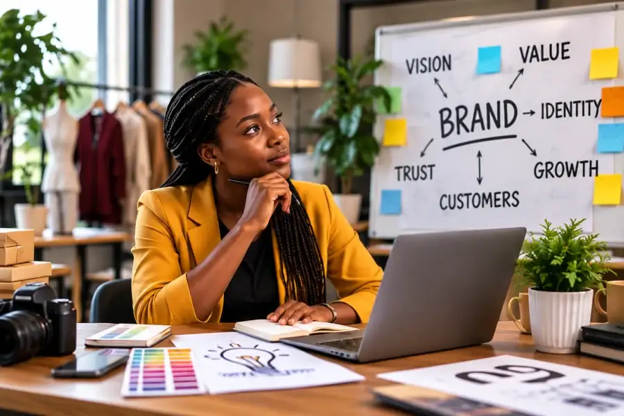 Business owner planning her branding strategy beside a whiteboard showing brand, trust, value, identity and customers