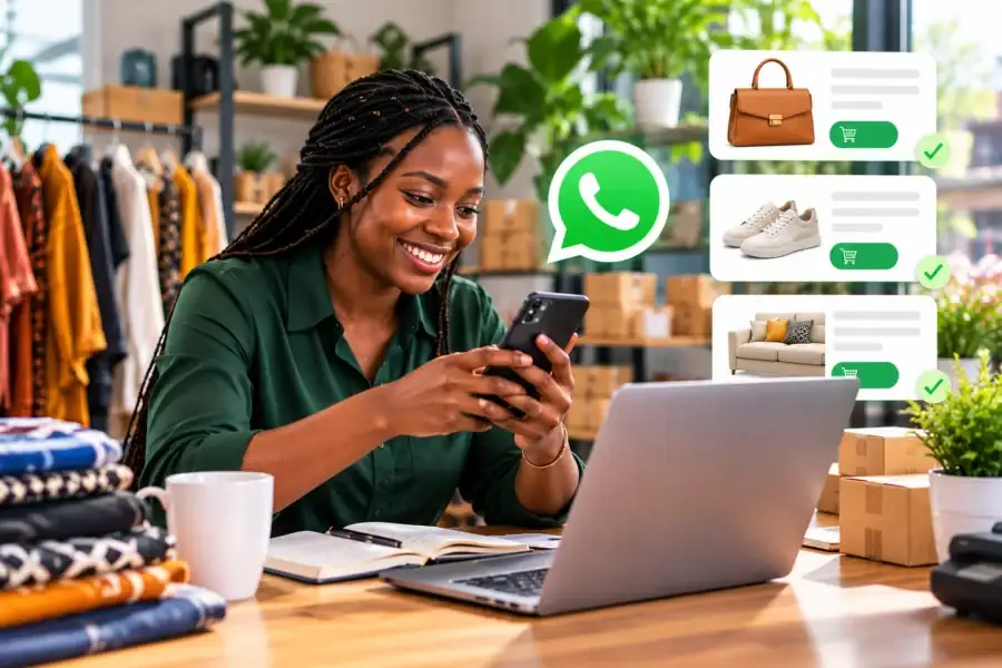 Small business owner managing orders from her WhatsApp Business catalogue
