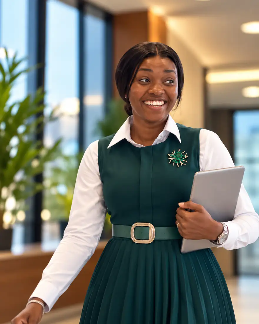 Smiling businesswoman in a green dress holding a tablet in a bright office